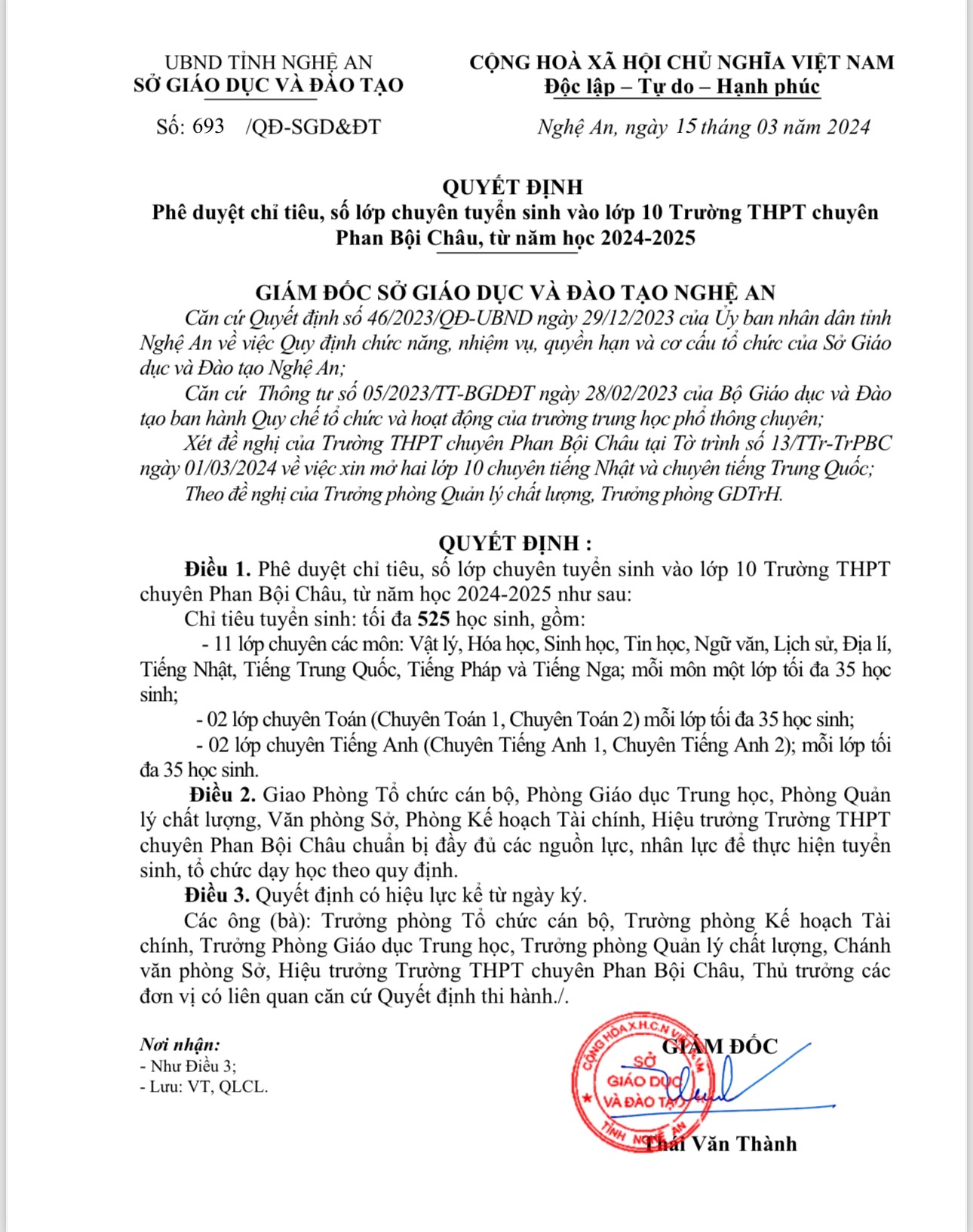 Trường THPT chuyên Phan Bội Châu quyết định thành lập lớp chuyên Trung từ năm 2024