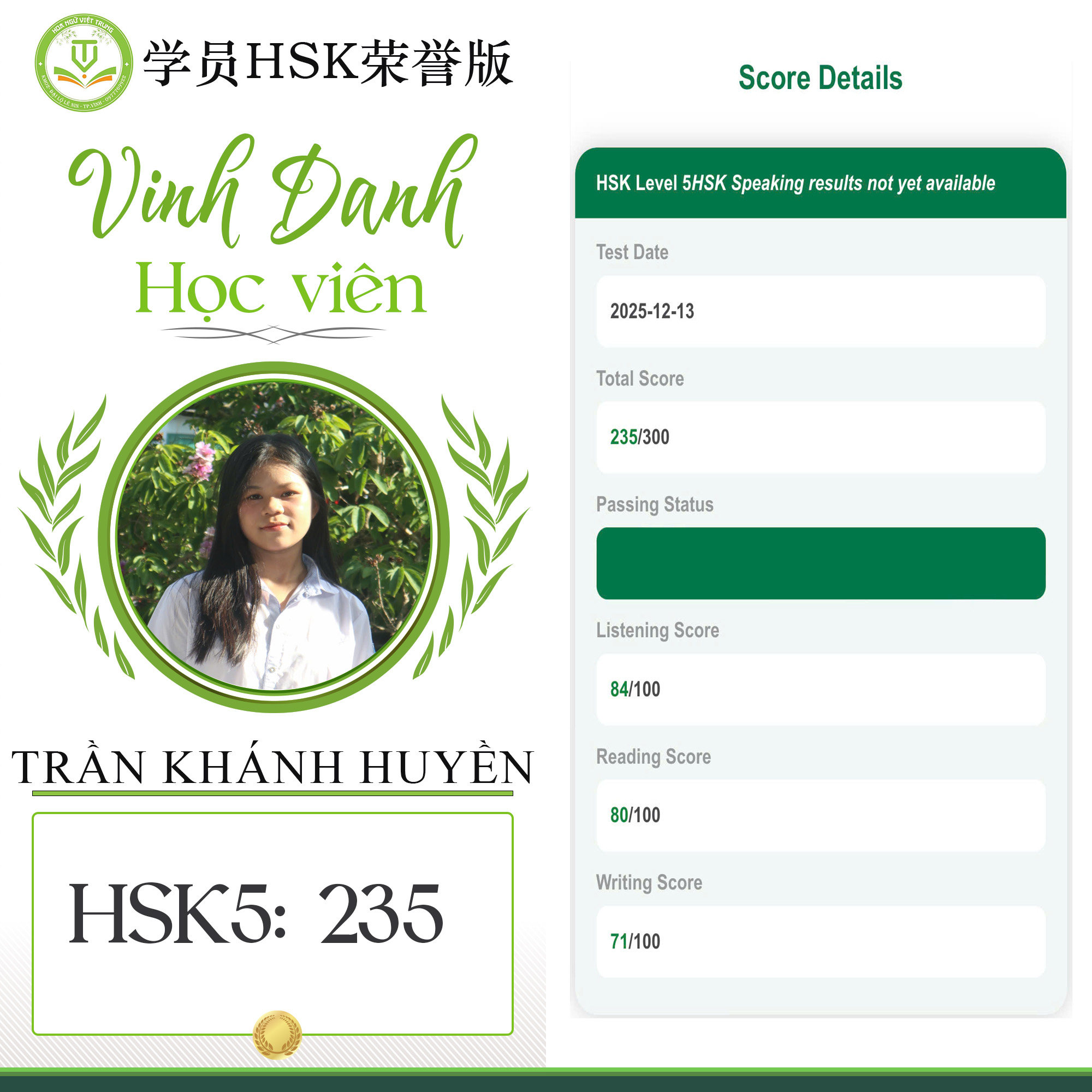 🌟 VINH DANH HỌC VIÊN XUẤT SẮC – TRẦN KHÁNH HUYỀN 🌟